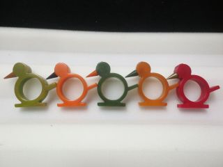 Fabulous Bakelite/catalin Bird Napkin Ring Set (5) - All Different Colors