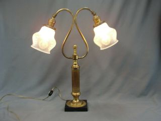 Antique Brass Double Light Art Nouveau Era Lamp Etched Satin Czech Glass Shades