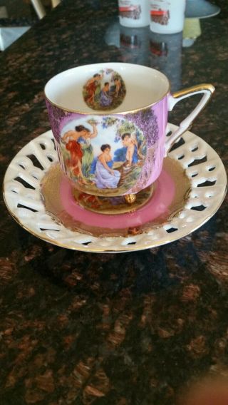 Vintage Royal Halsey Very Fine Tea Cup And Saucer Gold And Pink Footed Ornate