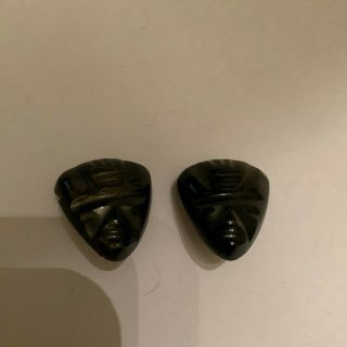 Vintage Mexican Black Carved Stone Aztec Face Clip On Earrings