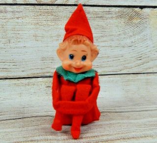 Vintage Christmas Knee Hugger Shelf Elf Pixie Red Felt Suit Green Trim