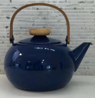 Mid Century Modern Blue Enamel Wood Handle & Knob Teakettle Teapot No Whistle