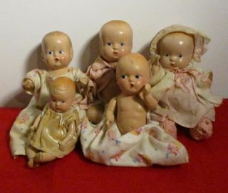 5 Antique Composition Baby Dolls - 7 " - 11 "