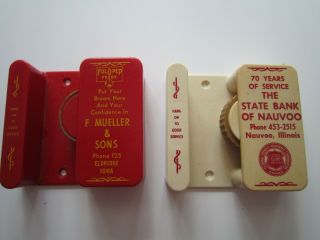 2 Store Advertising Wall Mount Broom Holder Promotional Sign Vtg Iowa Illinois