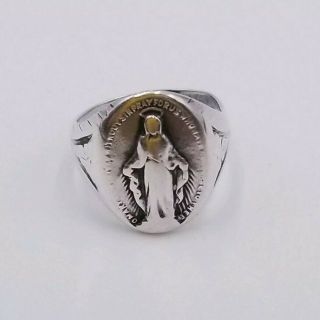 Estate Vintage Solid Sterling Silver 925 Mary Heart Catholic Open Ring