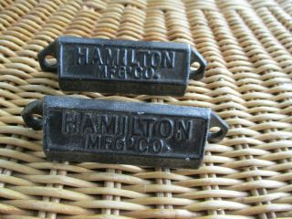 2 Antique Vintage Hamilton Mfg Co Black Cast Iron Printer Drawer Handles Pulls