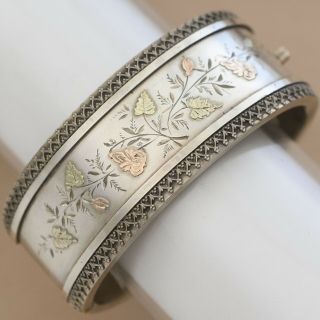 Antique Victorian Sterling Silver Aesthetic Rose Yellow Gold Flower Bracelet