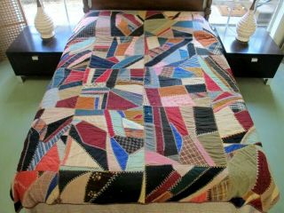 Striking Probably Amish Crazy Wool Quilt,  Many Feather Stitching Patterns; Good