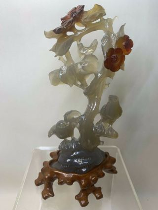 Chinese Antique Hand Carved Agate With Wood Stands