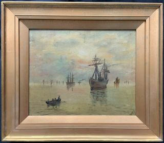 Lovely 19thc Primitive Antique Seascape Maritime Oil On Canvas Painting - Signed