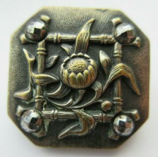 Large Antique Vtg Paris Back Metal Button Flower & Cut Steels (b)