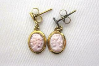 Vintage 14k Yellow Gold Oval Pink Cameo Earrings