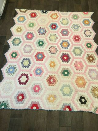 Vintage Hand Made Grandmothers Flowers Quilt 62 " X 72 "