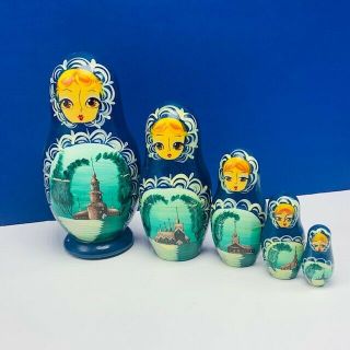 Russian Nesting Dolls Vintage Ussr Soviet Union Set Russia Church Blue Ocean Sea