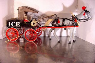 Vtg Hand Folk Art Carved Wood Antique Horse Drawn Ice Wagon / Buggy Ads On Sides