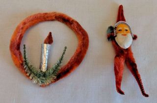 2 Very Vintage Japan Chenille Santa & Wreath Christmas Tree Ornaments
