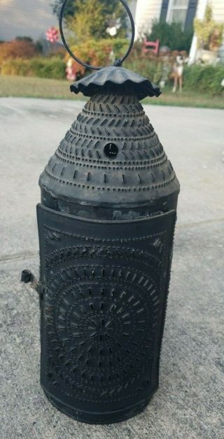 Antique Primitive Early Lighting Old Punched Tin Taper Candle Lantern