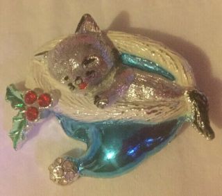 Vtg Signed Beatrix Christmas Cat Kitten In Blue Santa Hat Pin Brooch