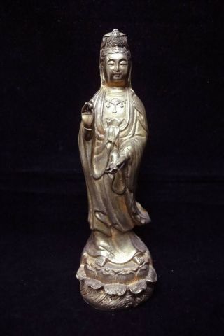 28cm Large Chinese Old Gilt Bronze " Guanyin " Buddha Standing Statue Sculpture