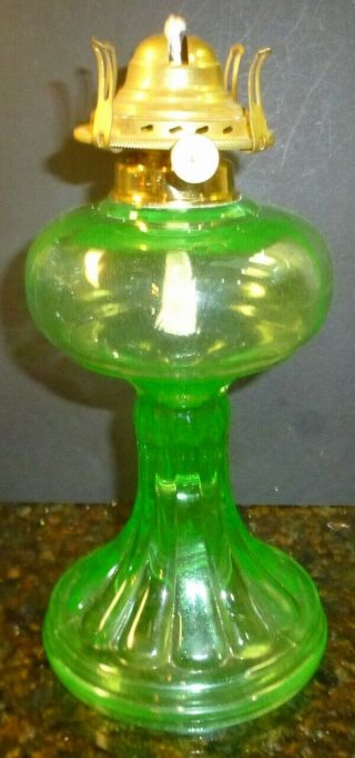 Vintage / Antique Mid Size Green Glass Oil Lamp With 1 Solid Brass Abco Burner