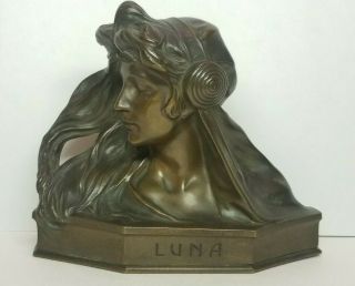 Antique Victorian Bronze Art Nouveau " Luna " Woman Bust Statue Art Deco 4.  8 "