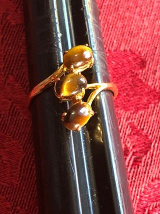Vintage Gold Plated 18k Hge Tigers Eye Ring Size 7 Cluster 3 Oval Stones