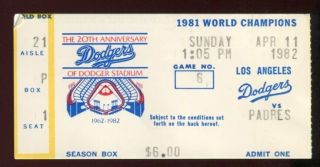 Ticket Baseball Los Angeles Dodgers 1982 4/11 San Diego Padres Steve Garvey