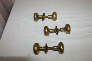 Set Of 3 Late Vintage Brass Door Knobs Handles Plates Old Retro