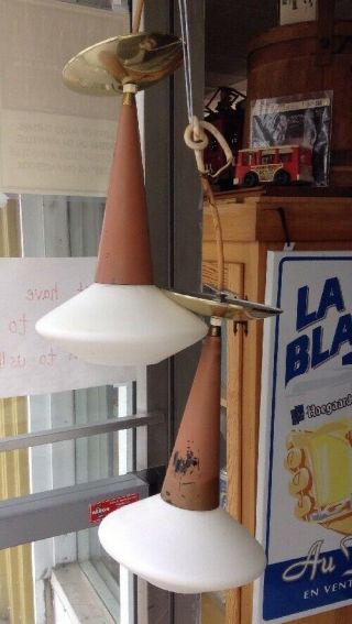 Set Of 2 Vintage Mid Century Atomic Ufo Flying Saucer Style Hanging Lamp Light