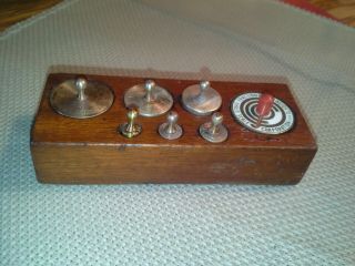 Vintage " Ohaus " Apothecary Scale Weights,  Wooden Block,