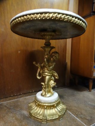 Vintage Mid - Century Brass Table With Marble Rotating Top