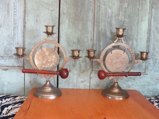 Antique Vintage Table Top Dinner Gong Brass Candle Holders Gorgeous