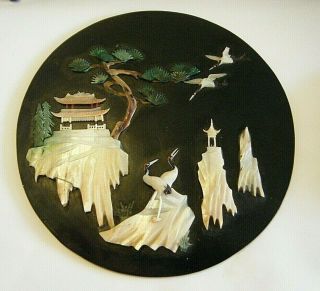 Vintage 1920s Chinese Plaque Black Lacquer Wood With Delicate Carved Mop Storks