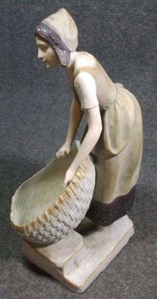 Vintage Austria Turn Teplitz Porcelain Figure Of Girl With Basket 10 1/2 Inch