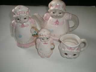 Vintage Ceramic Cat Tea Pot Set Utensil Holder Salt Shaker Creamer Pink