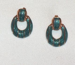 Vintage 3/4 " Blue Green Glitter Door Knocker Dangle Pierced Earrings A760