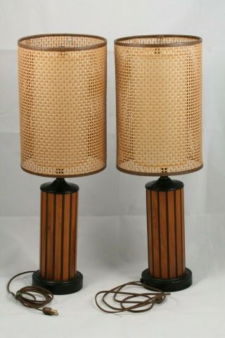 Pair Vintage Mid Century Modern Gruvwood Table Lamps W Shades Collectible Decor