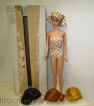 Vintage Barbie Fashion Queen Wig Doll Gold Lame Suit & Turban W/ Wigs & Stand