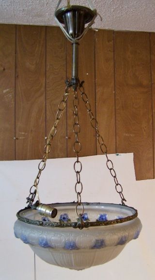 Antique Art Deco Hanging Light Lamp Ceiling Fixture Bowl Shade Reverse Painted