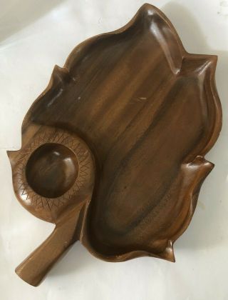 Vintage Hand Carved Wood Deep Serving Bowl Plate Leaf Shape Centerpiece