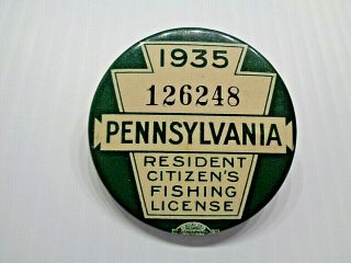 1935 Pennsylvania Fishing License Button With Paper License