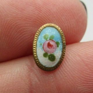 Cute Little Antique Vtg French Champleve Enamel Button Turquoise Pink Rose (f)
