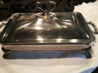 (3) Pc Vintage Casserole Serving Dish/lid/ Stand Glass/silver Plated Footed 13x9
