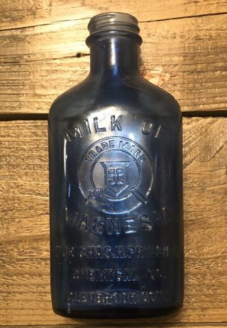 Vintage Cobalt Blue Phillips " Milk Of Magnesia " Embossed Glass Bottle