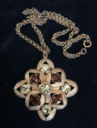 Vtg Sarah Coventry Maltese Cross Gold Tone Chain Rhinestone Pendant Necklace
