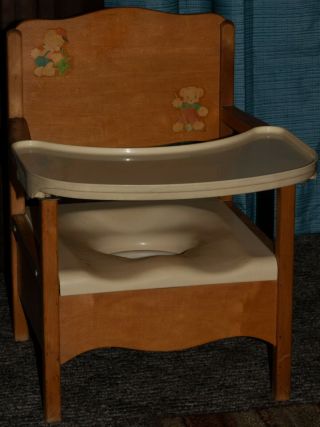 Vintage Antique Rare Wooden Potty Chair Teddy Bears Design W/ Plastic Tray