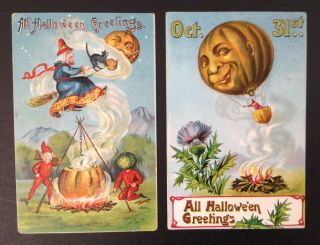 Vintage Halloween Postcards (2) Series 914 - Jack - O - Lantern Balloon,  Witch,  Broom