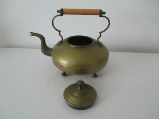 Antique Metal Brass/bronze Goose Neck Teapot W/ 4 Legs And Wooden Handle Vtg