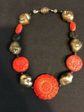 Vintage Carved Chinese Cinnabar Necklace Red Black Metal Big Medallion