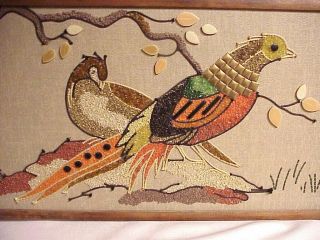 Vintage Mcm Mid Century (3) Pheasant Birds Gravel Bead Mosaic Wall Art Hanging